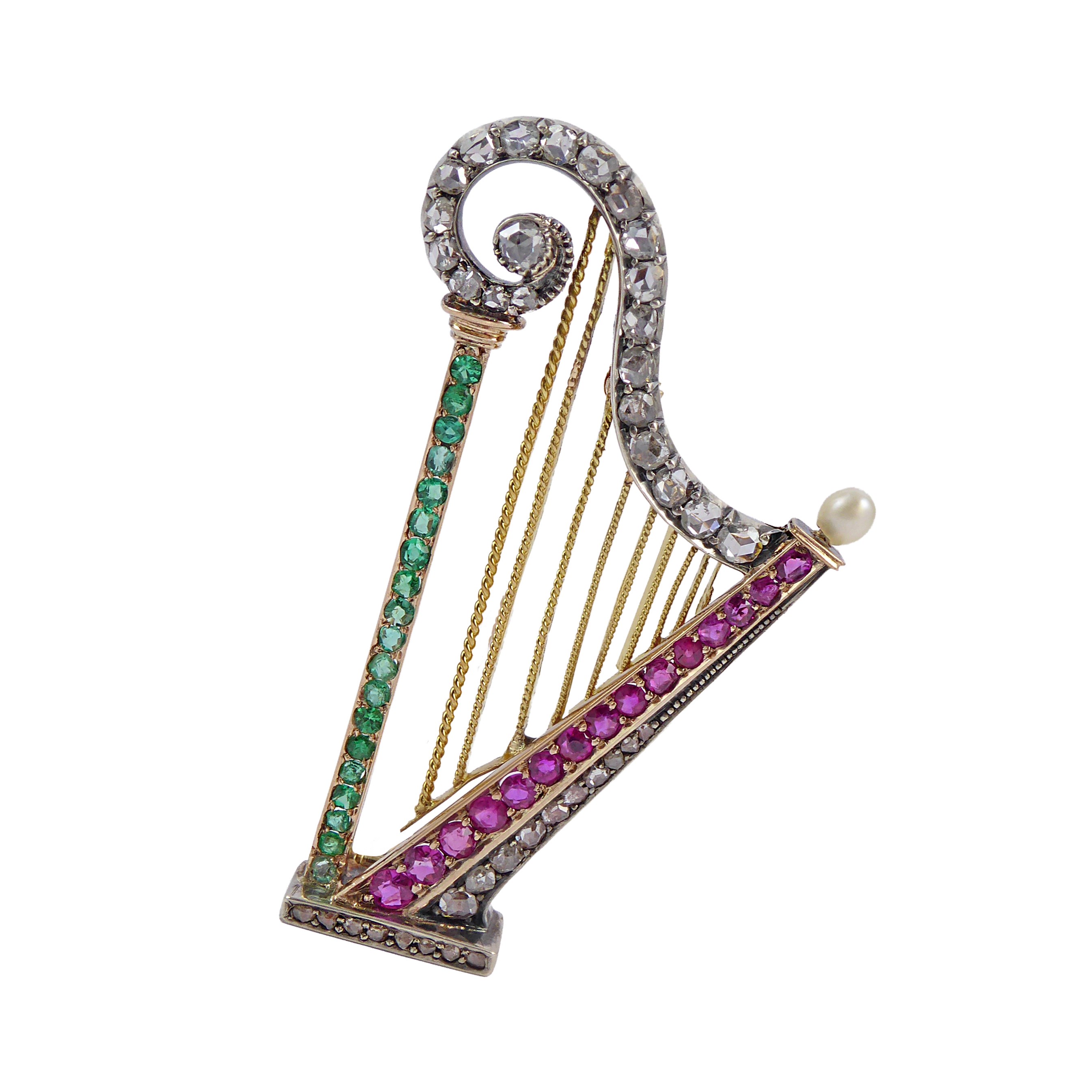 19th century diamond, pearl and gem set harp brooch probably by Luigi Pallotti, Venice c.1890,
